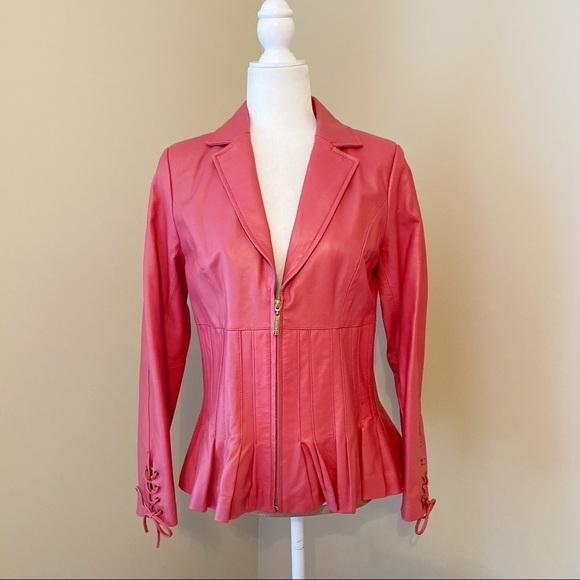 Bradley Bayou 100% Leather Peplum Ruffle Zip Front Jacket - XXS - Picture 1 of 15